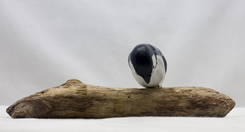 Nodding Chickadee sitting. Handcrafted, carved wooden bird, painted bird, home decor, table decor, Made in USA image 2