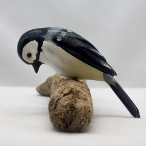 Nodding Chickadee sitting. Handcrafted, carved wooden bird, painted bird, home decor, table decor, Made in USA image 3