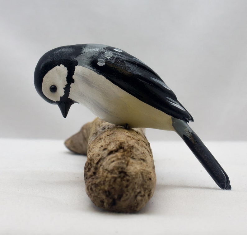 Nodding Chickadee sitting. Handcrafted, carved wooden bird, painted bird, home decor, table decor, Made in USA image 3