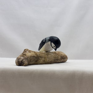 Nodding Chickadee sitting. Handcrafted, carved wooden bird, painted bird, home decor, table decor, Made in USA image 1