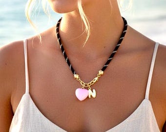 New Paracord Heart and Letter Charm Necklace, 18k gold filled Heart Charm Jewelry, Cord Necklace, Trendy Jewelry, Heart Cord Necklaces