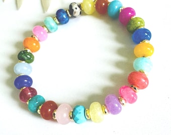Rainbow Stone Beaded Bracelet, Multi Colorful Jewelry, Gemstone Stretch Bracelets