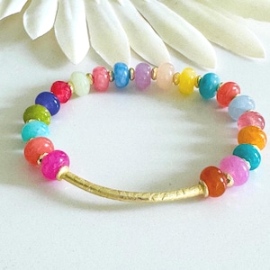 Rainbow Gemstone Beaded Bracelet: Gold Vermeil Bar, Crystal Accents