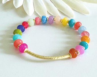 Rainbow Gemstone Beaded Bracelet, Gold Bar Gemstone Bracelet, Colorful Gemstone Bracelet, Stretch Beaded Bracelets