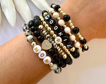 Personalized Beaded Stretch Name Bracelets, Custom Letter bracelet. 14k Gold Bracelet Jewelry, Mom Bracelet, Holiday Gifts