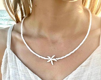Starfish Beaded Choker: White Seed Bead Necklace, Waterproof Beach Jewelry