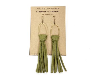 olive green earrings / suede leather tassel earrings / army green earrings / leather fringe earrings / boho earrings / modern earrings