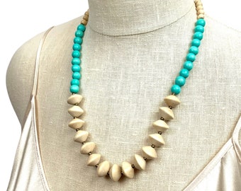 short aqua beaded necklace / turquoise wood bead necklace / beaded statement necklace / summer necklace / spring necklace