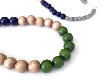 long boho necklace / wood bead necklace / colorful necklace / multicolor necklace / navy olive green gray mauve blush / long beaded necklace