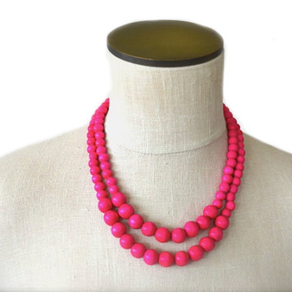 2 strand hot pink necklace / bright pink necklace / magenta necklace / wood bead necklace / colorful necklace