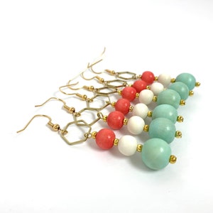 Mint & Orange Dangle Earrings: Boho Wood Bead Earrings
