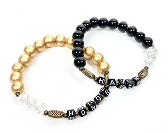 Custom Beaded Name Bracelet: Black Letter Stacking Bracelet, Mom Gift