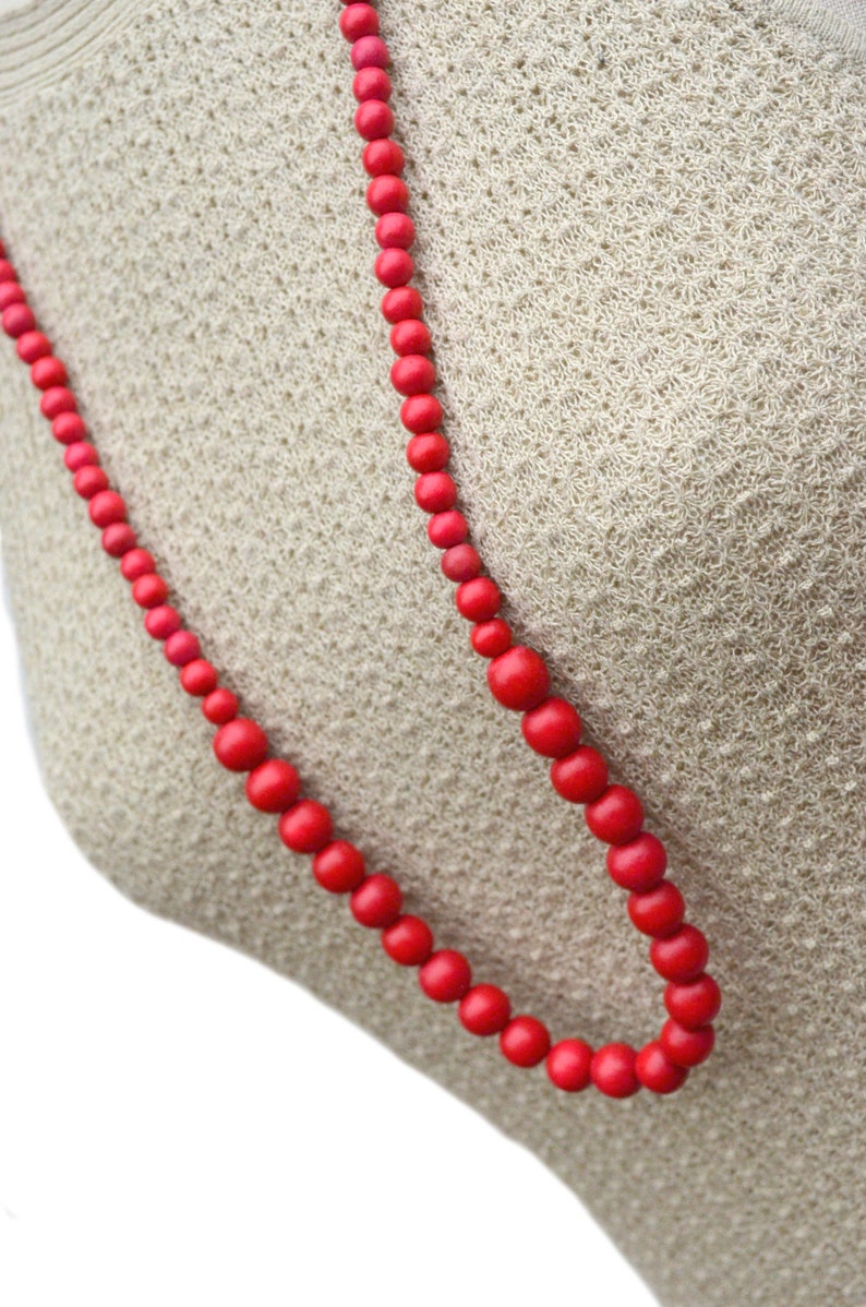 long red necklace / long red beaded necklace / long beaded necklace / wood bead necklace / red statement necklace image 3