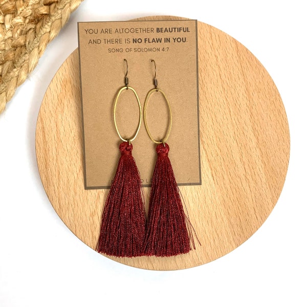 maroon tassel earrings / burgundy earrings / dark red earrings / long tassel earrings / dangle earrings / boho earrings