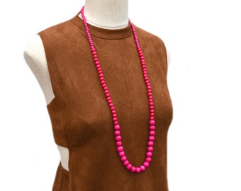 long hot pink beaded necklace / long hot pink bead necklace / dark pink beaded necklace / wood bead necklace / hot pink statement necklace