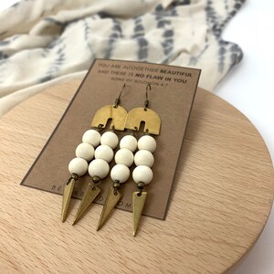 white bead earrings / white dangle earrings / winter white earrings / brass dangle earrings / geometric earrings / boho earrings