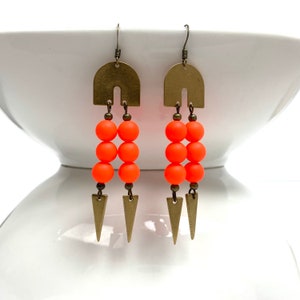bright orange earrings / neon orange earrings / summer earrings / orange bead dangle earrings / geometric earrings / boho earrings