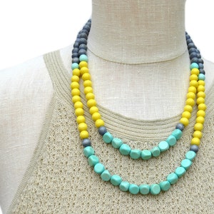 colorful beaded necklace / yellow gray and mint necklace / statement necklace / multi color necklace / wood bead necklace