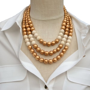 gold and white beaded necklace / gold statement necklace / gold white necklace / wood bead necklace / multi strand necklace