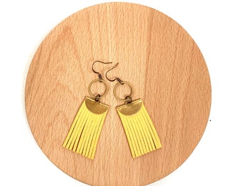 mustard yellow tassel earrings / leather earrings / spring earrings / bright yellow earrings / modern geometric statement earrings