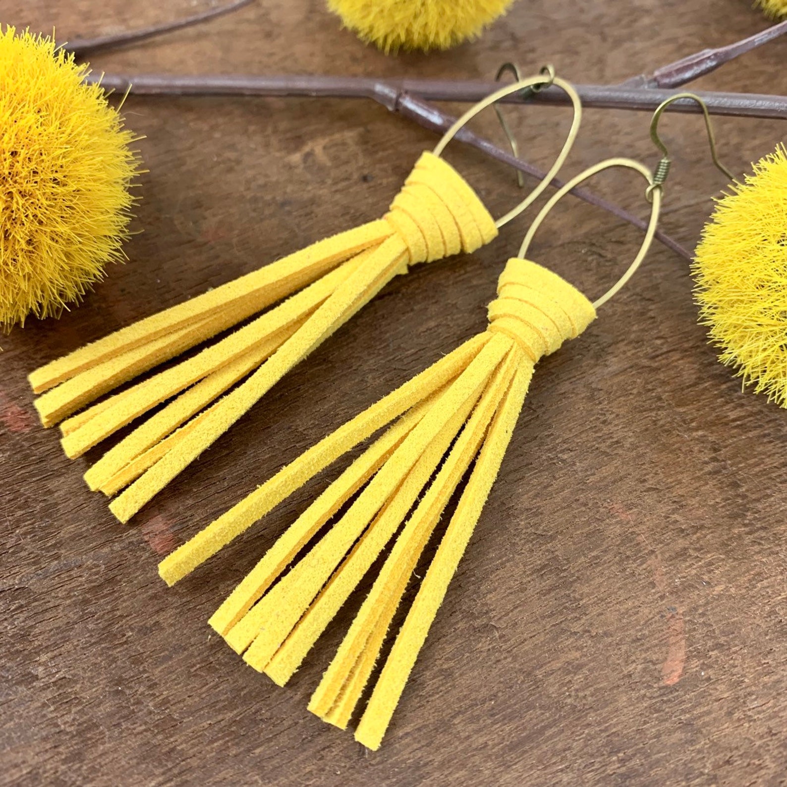 Yellow Leather Earrings / Yellow Tassel Earrings / Mustard Etsy