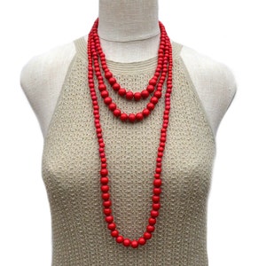 long red necklace / long red beaded necklace / long beaded necklace / wood bead necklace / red statement necklace image 2