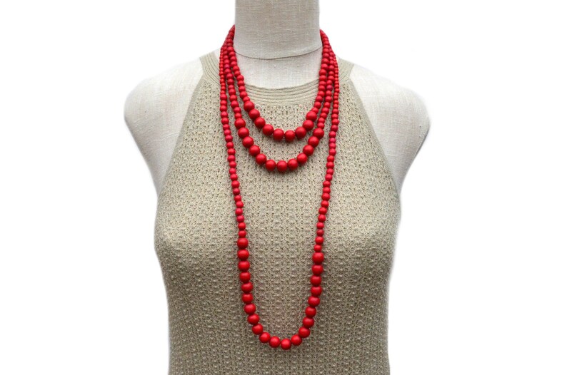 long red necklace / long red beaded necklace / long beaded necklace / wood bead necklace / red statement necklace image 2