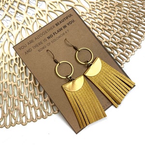 gold tassel earrings / leather earrings / boho / metallic gold earrings / modern geometric statement earrings / lightweight earrings /