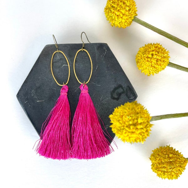 hot pink tassel earrings / bright pink earrings / summer earrings / long tassel earrings / magenta earrings / boho earrings