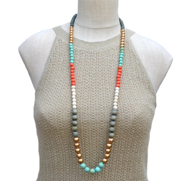 long boho necklace / BEST SELLER / wood bead necklace / multi color necklace / mint gold gray orange / long beaded necklace / gift for her