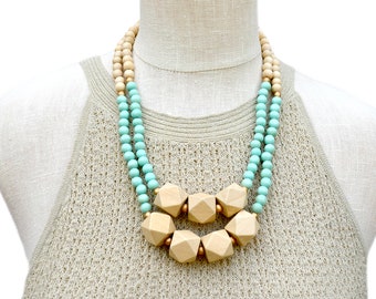 mint necklace / wood bead necklace / mint green necklace / light turquoise beaded necklace / geometric necklace / statement necklace