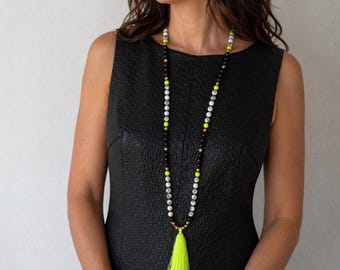 Summer Necklace - Neon Yellow Tassel - Long  Statement Necklace