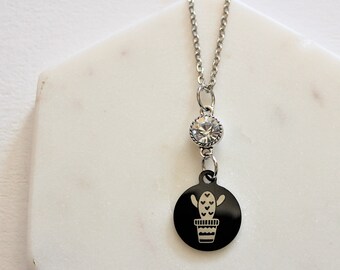 Succulent Stainless Steel in Black Pendant Necklace 18- or 24-inch Chain w/Crystal Accent