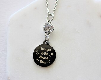 I Love You To The Moon and Back Stainless Steel in Black Pendant Necklace 18- or 24-inch Chain w/Crystal Accent