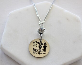 Succulent Whisperer Stainless Steel Pendant Necklace 18- or 24-inch Chain w/Crystal Accent