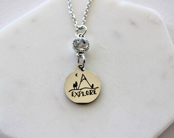 Explore Stainless Steel Pendant Necklace 18- or 24-inch Chain w/Crystal Accent