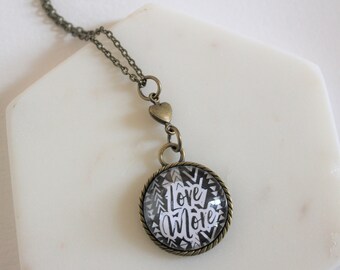 Love More Antique Bronze Black and White Boho Tribal Glass Pendant Necklace 18- or 24-inch Heart Accent