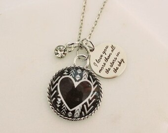 I Love You More Than all the Stars in The Sky Glass Pendant Necklace w/ Crystal Charm 18- or 24-inch Chain Antique Silver