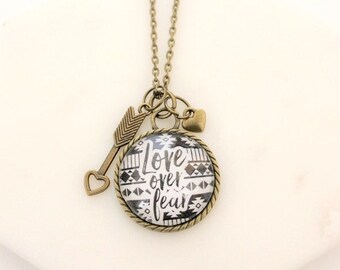 Love Over Fear Black and White Boho Tribal Glass Pendant Necklace 18- or 24-inch Chain