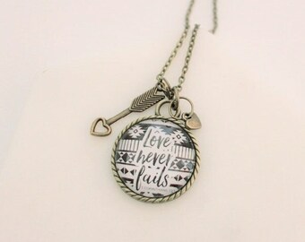 Love Never Fails 1 Corinthians Black and White Boho Tribal Glass Pendant Necklace 18- or 24-inch Chain