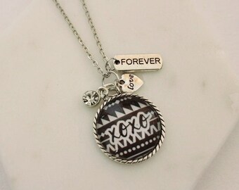 XOXO Glass Pendant Necklace w/Love Forever Crystal Charms 18- or 24-inch Chain Antique Silver Boho Tribal