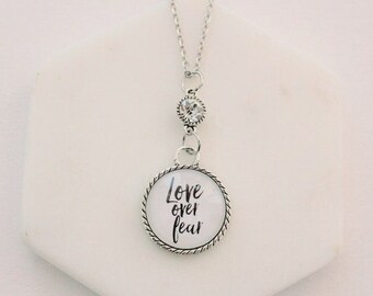 Love Over Fear Black and White Clear Crystal Glass Pendant Necklace 18- or 24-inch Chain