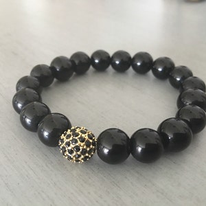 Black with Gold or Silver and Jet Pave Bead Bracelet, Rhinestone pave, crystal pave