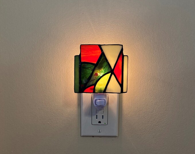 Stained Glass Night Light Abstract Design Home Decor Accent Wall Art Lighting Orange Poppy Autumn Leaves Green Yellow Foliage Pumpkin