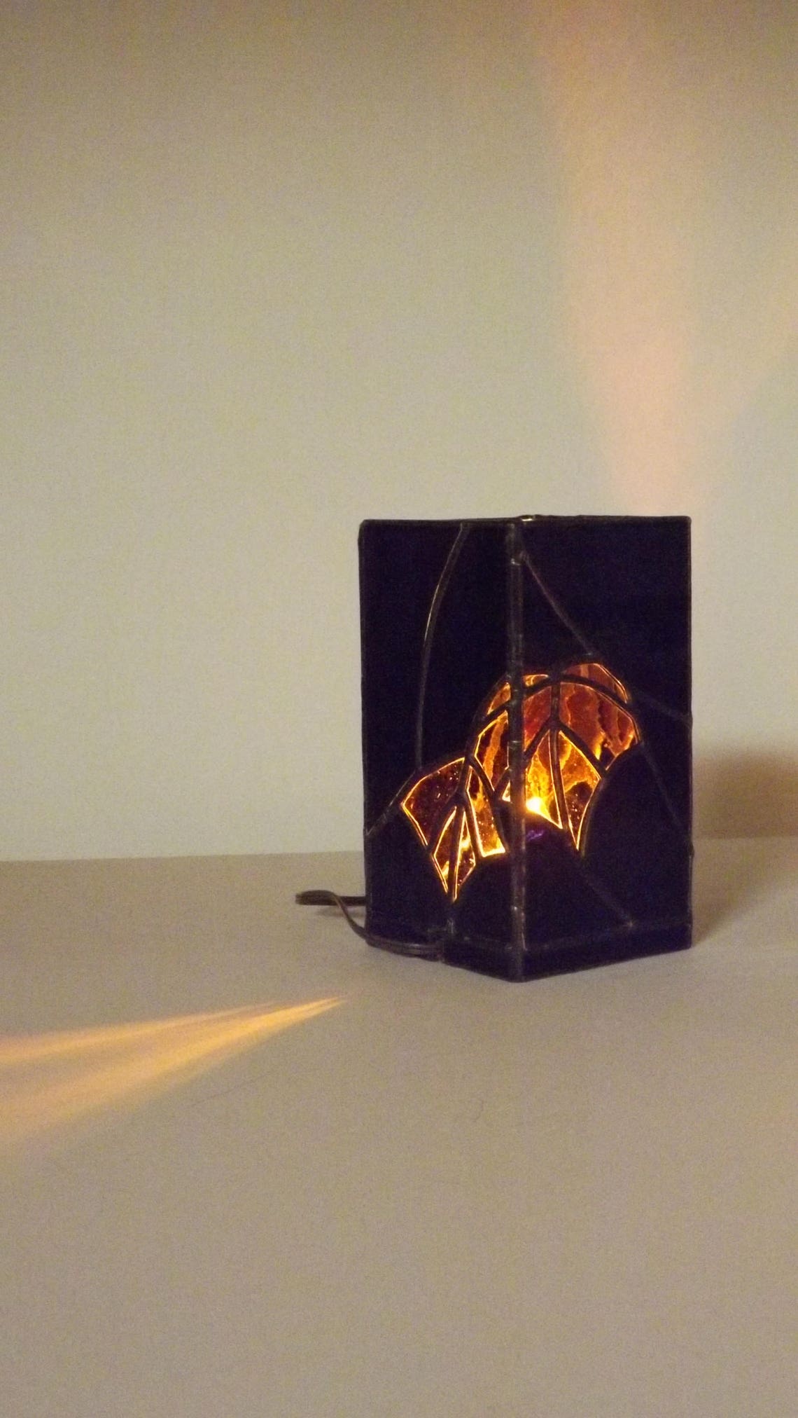 Stained Glass Night Light Table Top Accent Lamp Black Gold Etsy