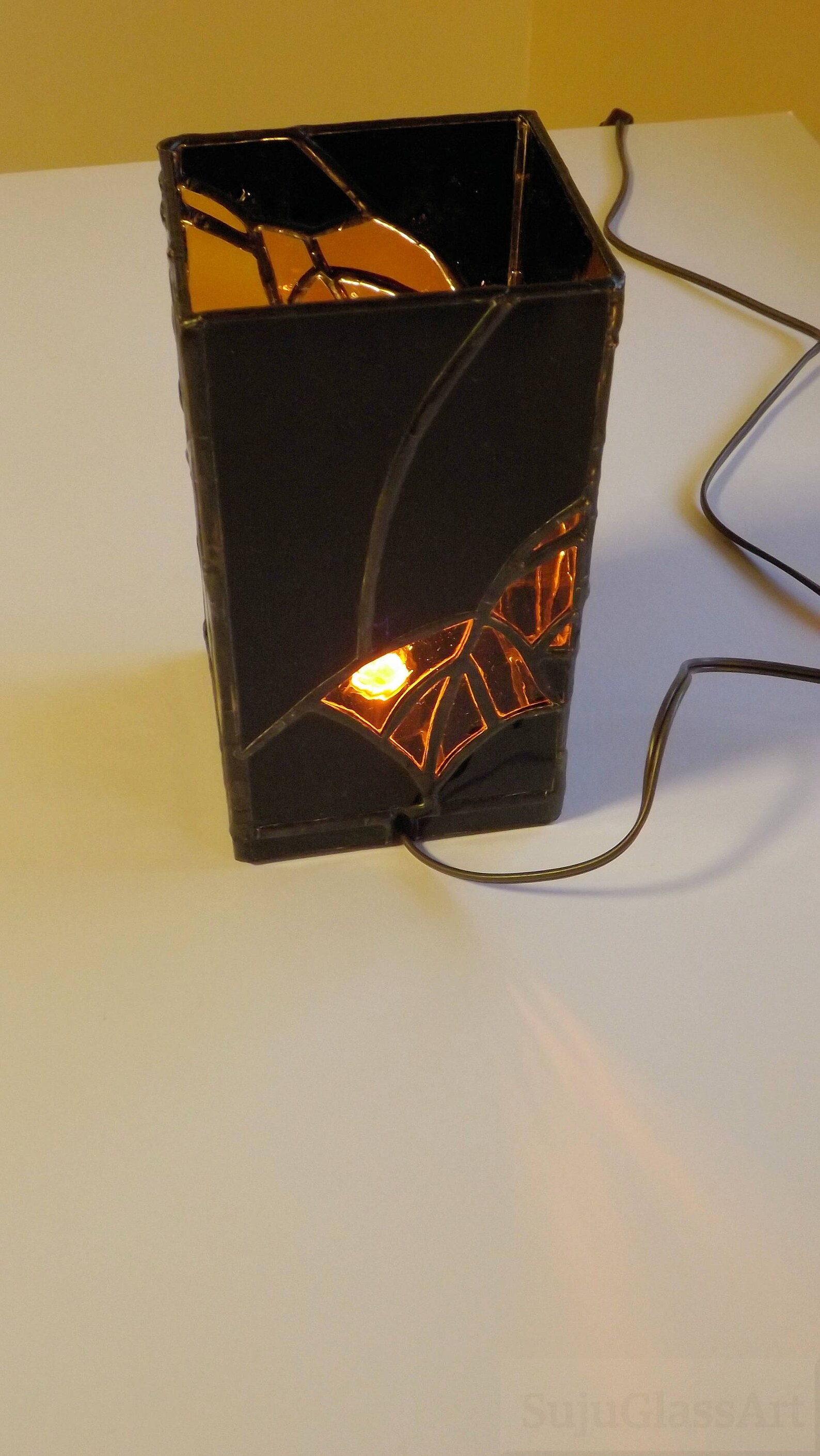 Stained Glass Night Light Table Top Accent Lamp Black Gold Etsy