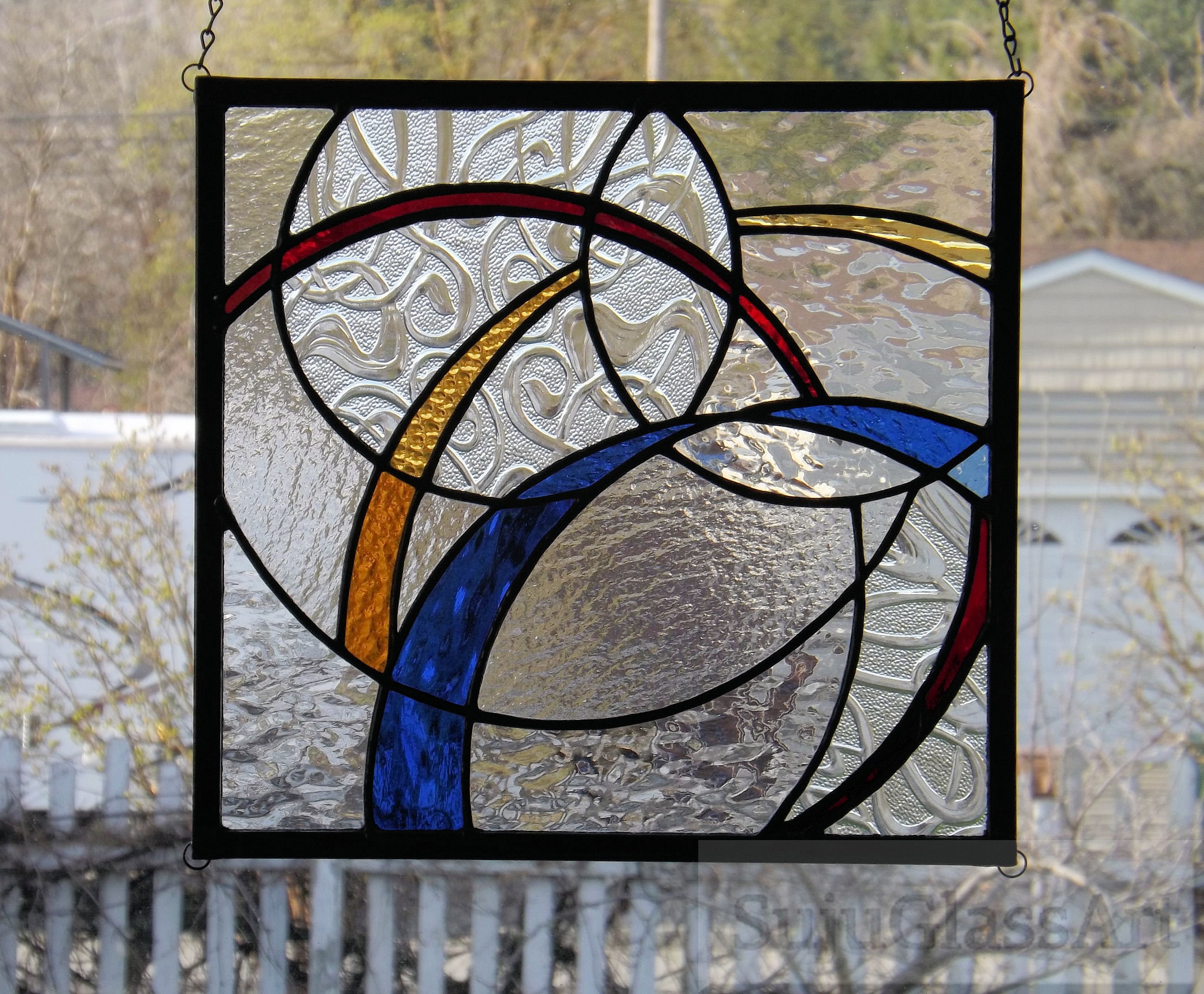 Swirling Ribbons Stained Glass Panel Geometric Abstract Primary Colors