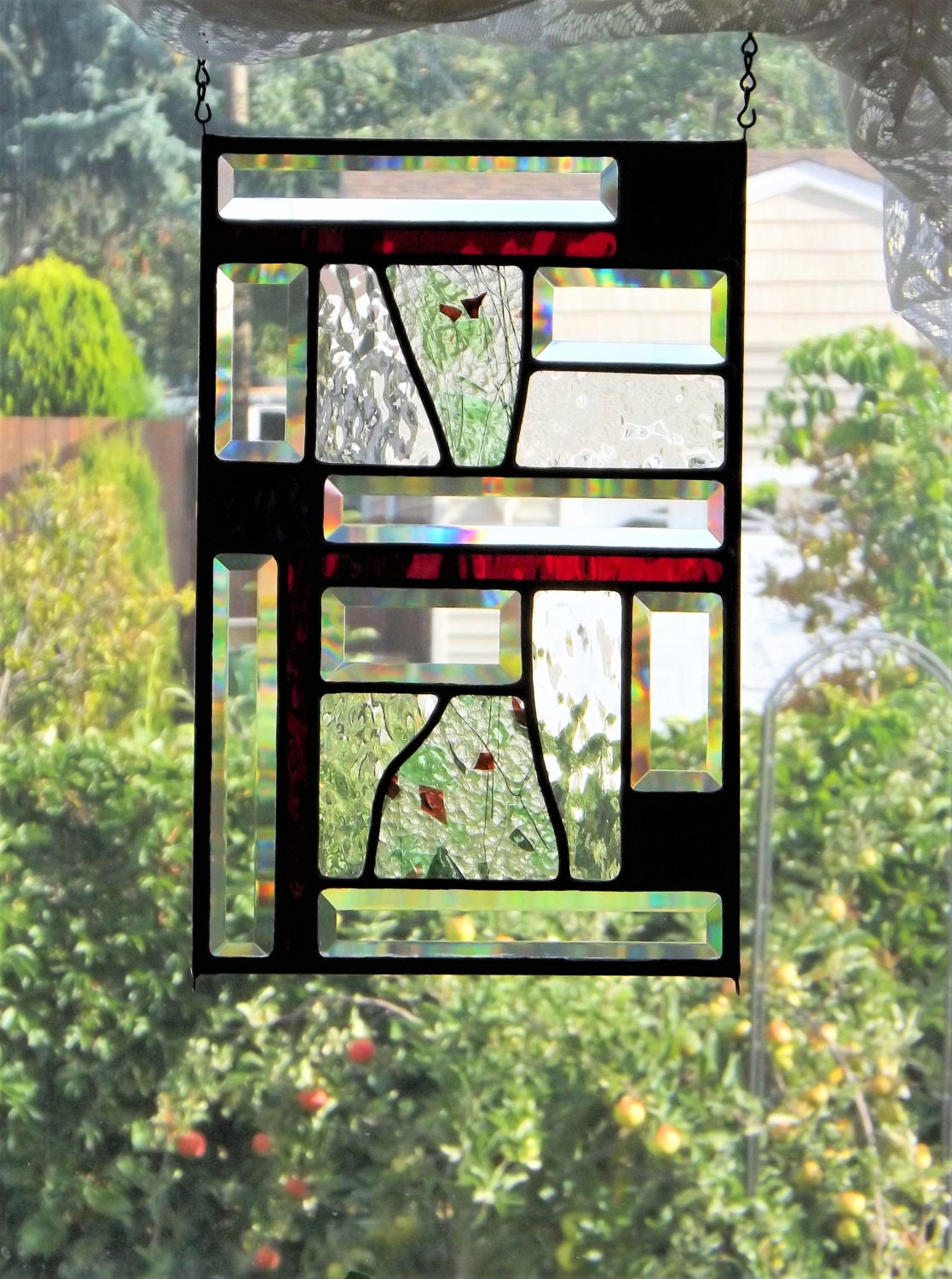 Red Confetti Flowers Stained Glass Panel Abstract Red Confetti Black Geometric Design Clear