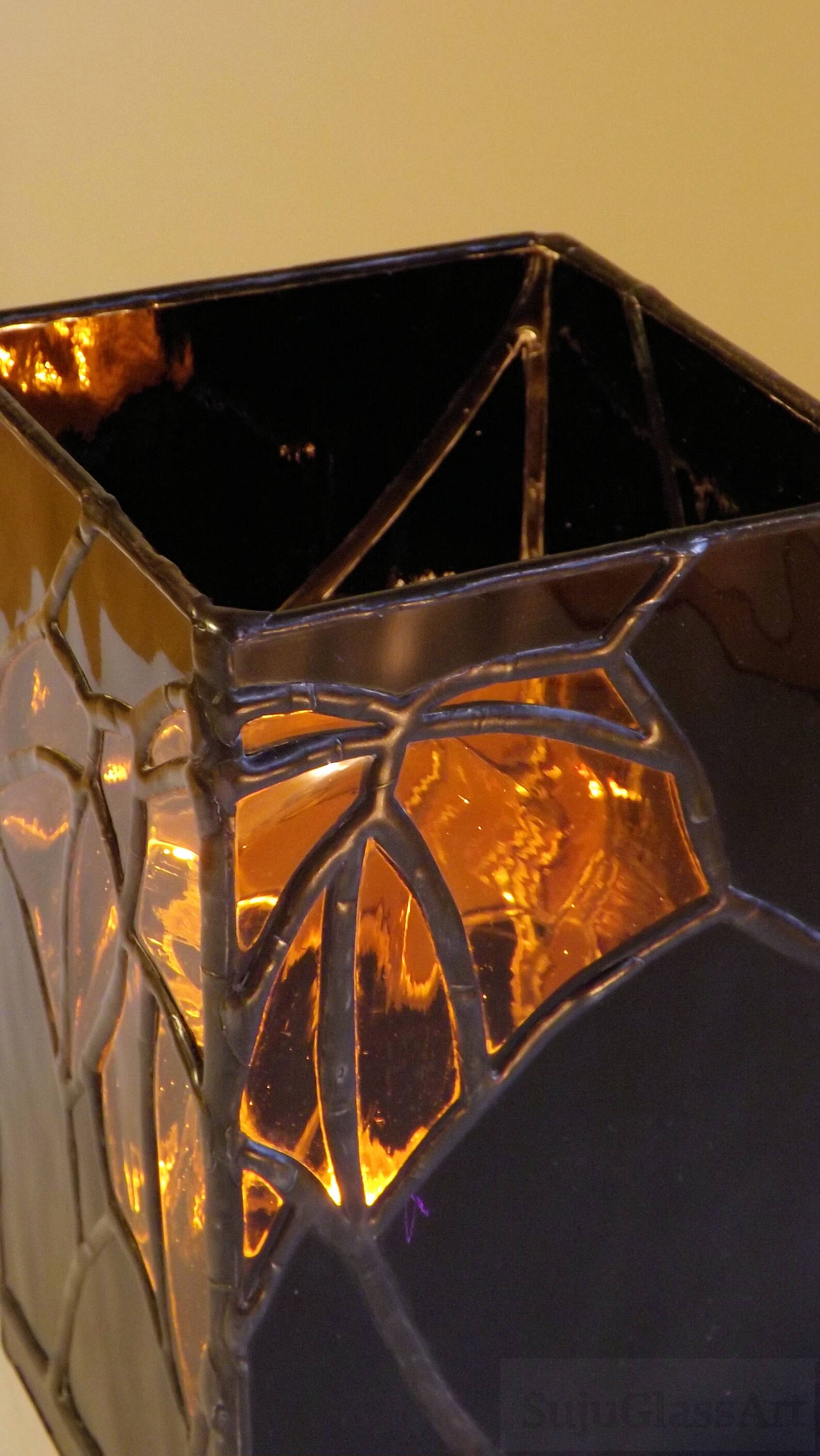 Stained Glass Night Light Table Top Accent Lamp Black Gold Etsy