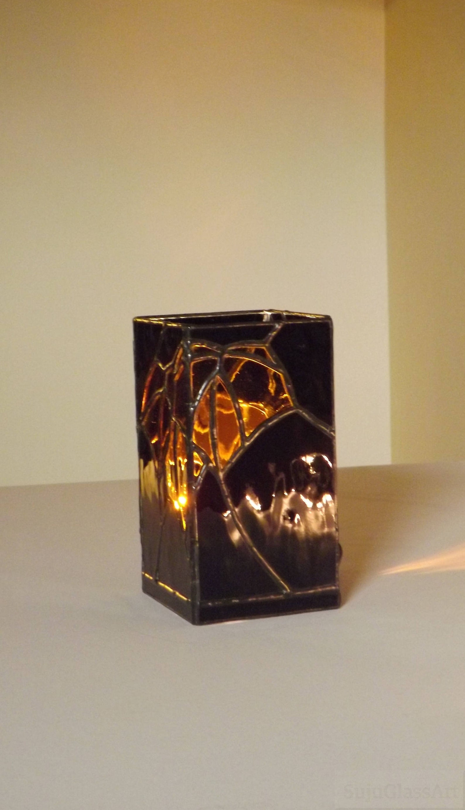 Stained Glass Night Light Table Top Accent Lamp Black Gold Etsy
